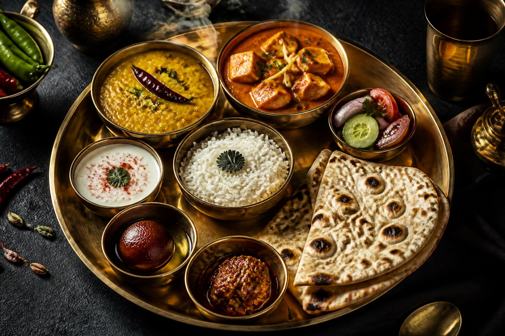 Premium North Indian thali with dal, paneer, rice and chapati